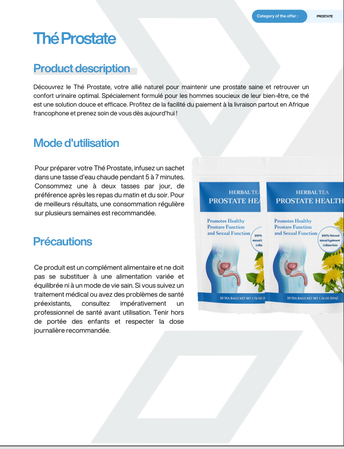 Thé Prostate product description, directions and precautions